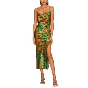 Whyte Valentyne Jungle Tiger Green Brown Slip Midi Dress Size Medium